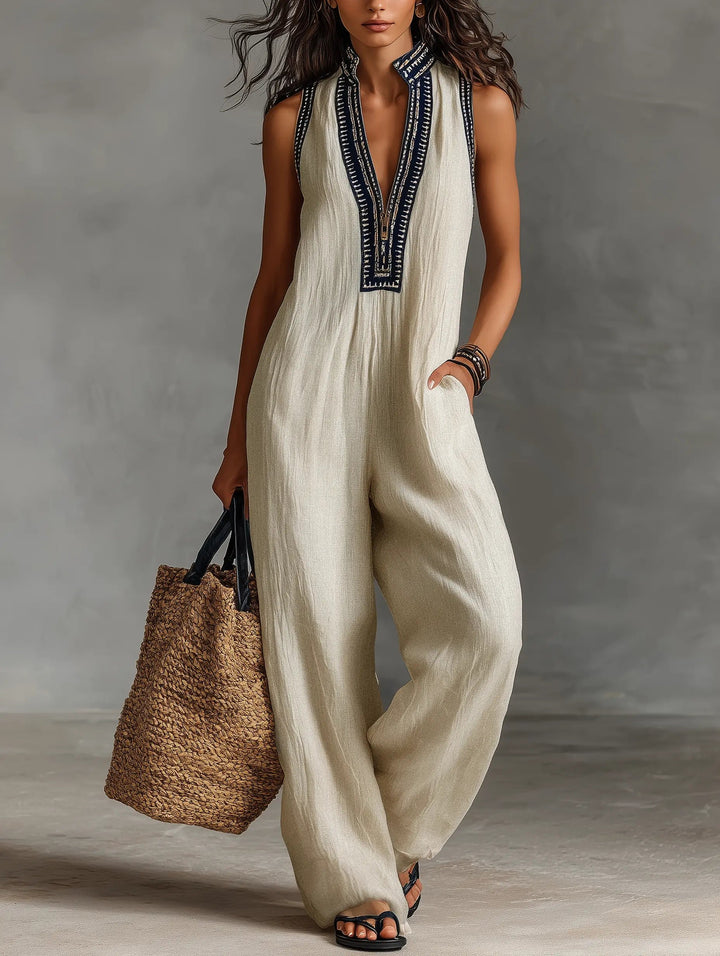 Dames Geborduurd Linnen Mouwloze Jumpsuit - Photo Color