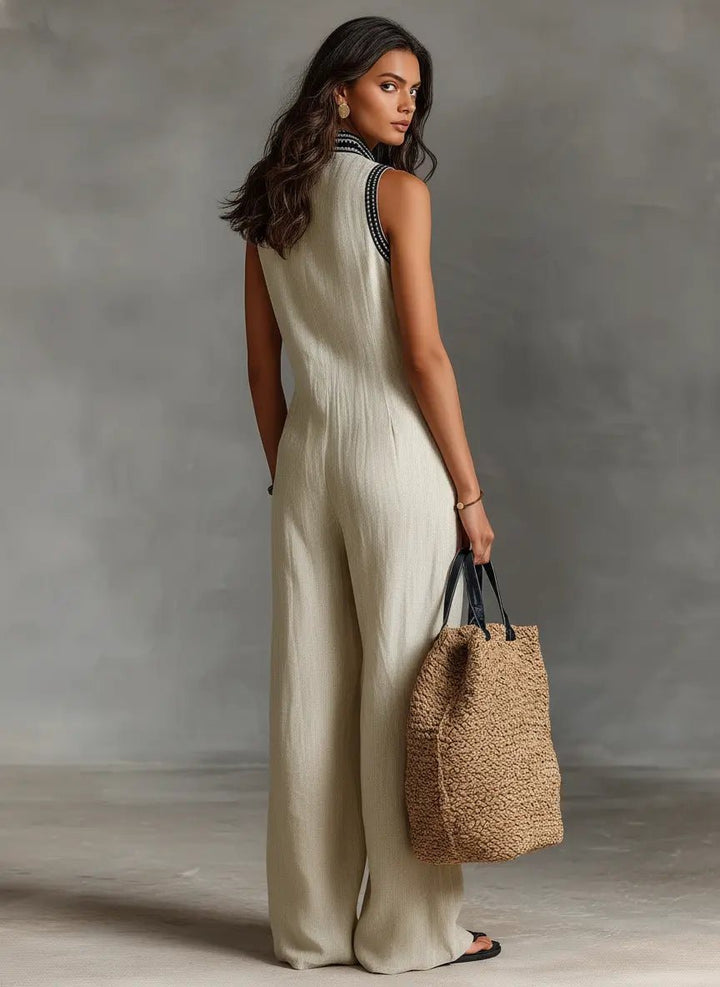 Dames Geborduurd Linnen Mouwloze Jumpsuit