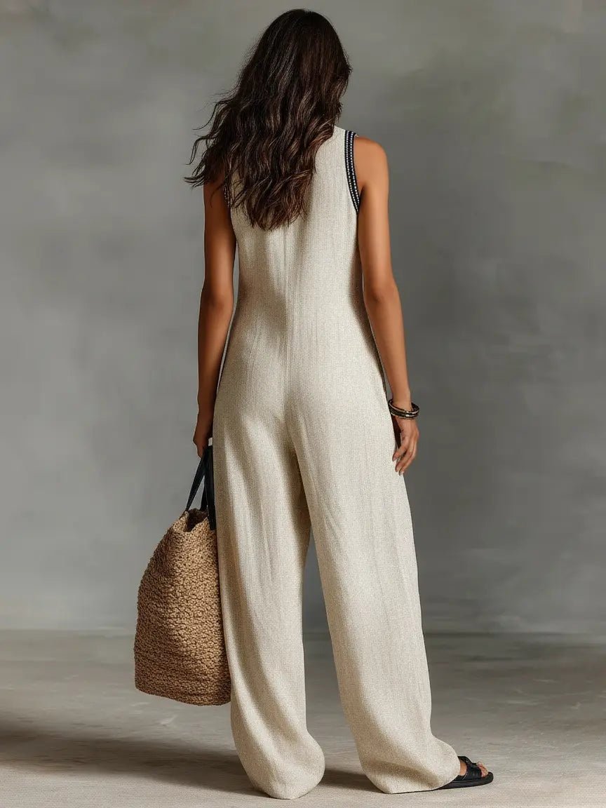 Dames Geborduurd Linnen Mouwloze Jumpsuit
