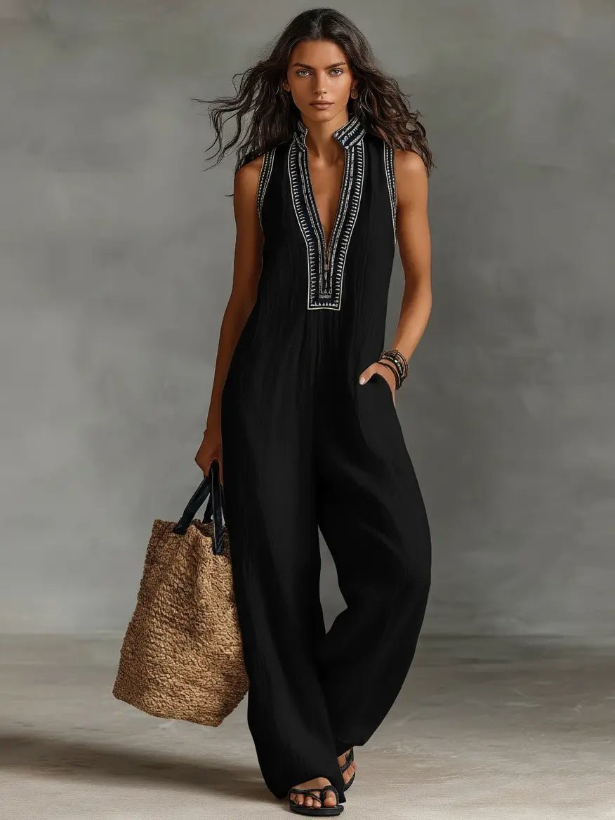 Dames Geborduurd Linnen Mouwloze Jumpsuit - Black