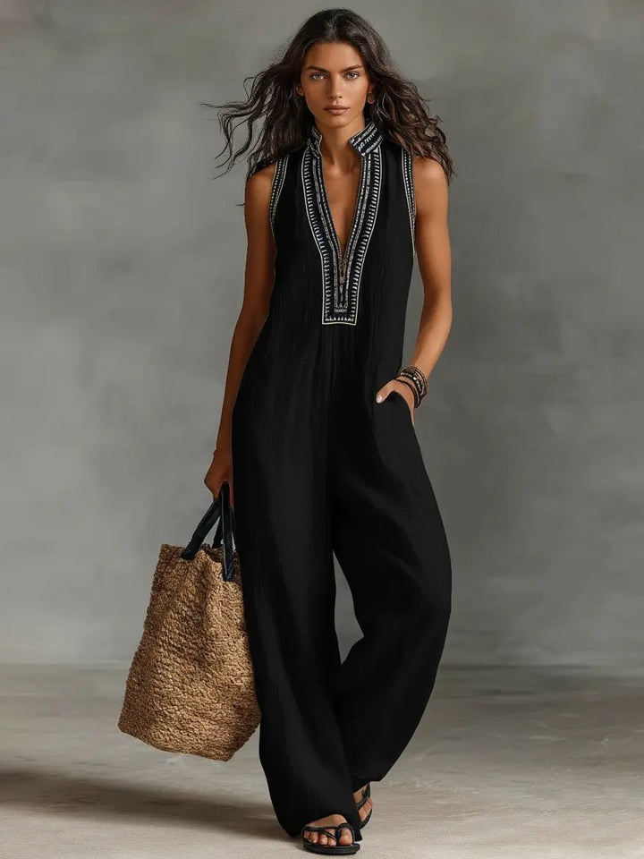 Dames Geborduurd Linnen Mouwloze Jumpsuit - Black