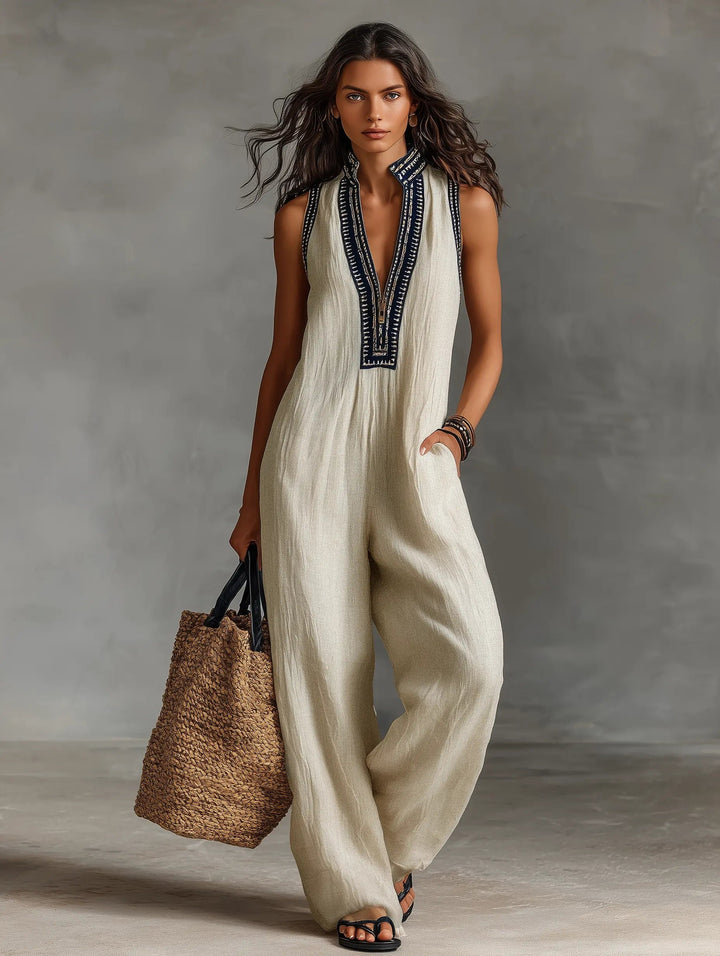 Dames Geborduurd Linnen Mouwloze Jumpsuit