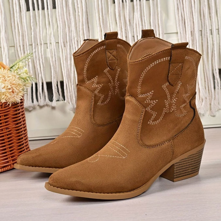Dames Geborduurde Slip-On Westernlaarzen met Brede Kuitpasvorm - Lichtbruin