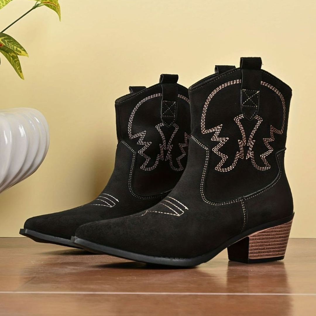 Dames Geborduurde Slip-On Westernlaarzen met Brede Kuitpasvorm - Zwart