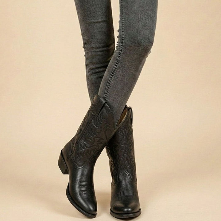 Dames Geborduurde Western Cowboy Halfhoge Laarzen - Zwart