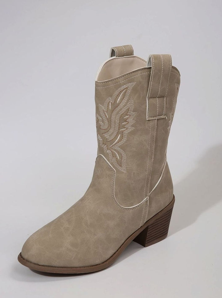 Dames Geborduurde Western Cowboylaarzen met Blokhak - Ecru