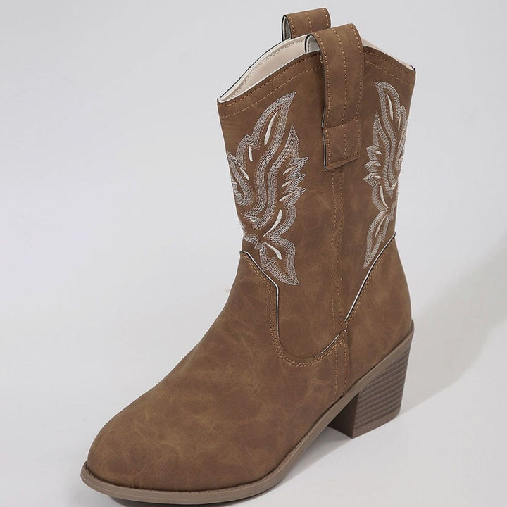 Dames Geborduurde Western Cowboylaarzen met Blokhak - Donkerbruin
