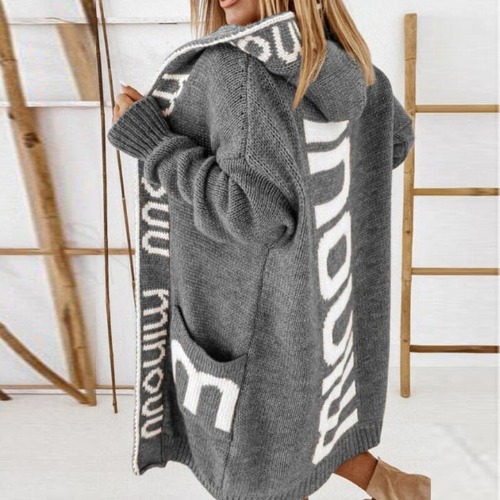 Dames Gebreid Oversized Vest Capuchon Letter Patroon - Grijs