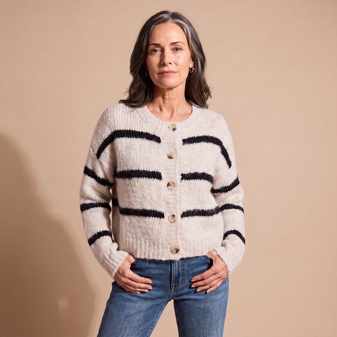 Dames Gebreid Vest Gestreept Relaxed-Fit Knoopsluiting