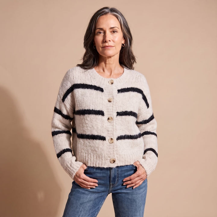 Dames Gebreid Vest Gestreept Relaxed-Fit Knoopsluiting