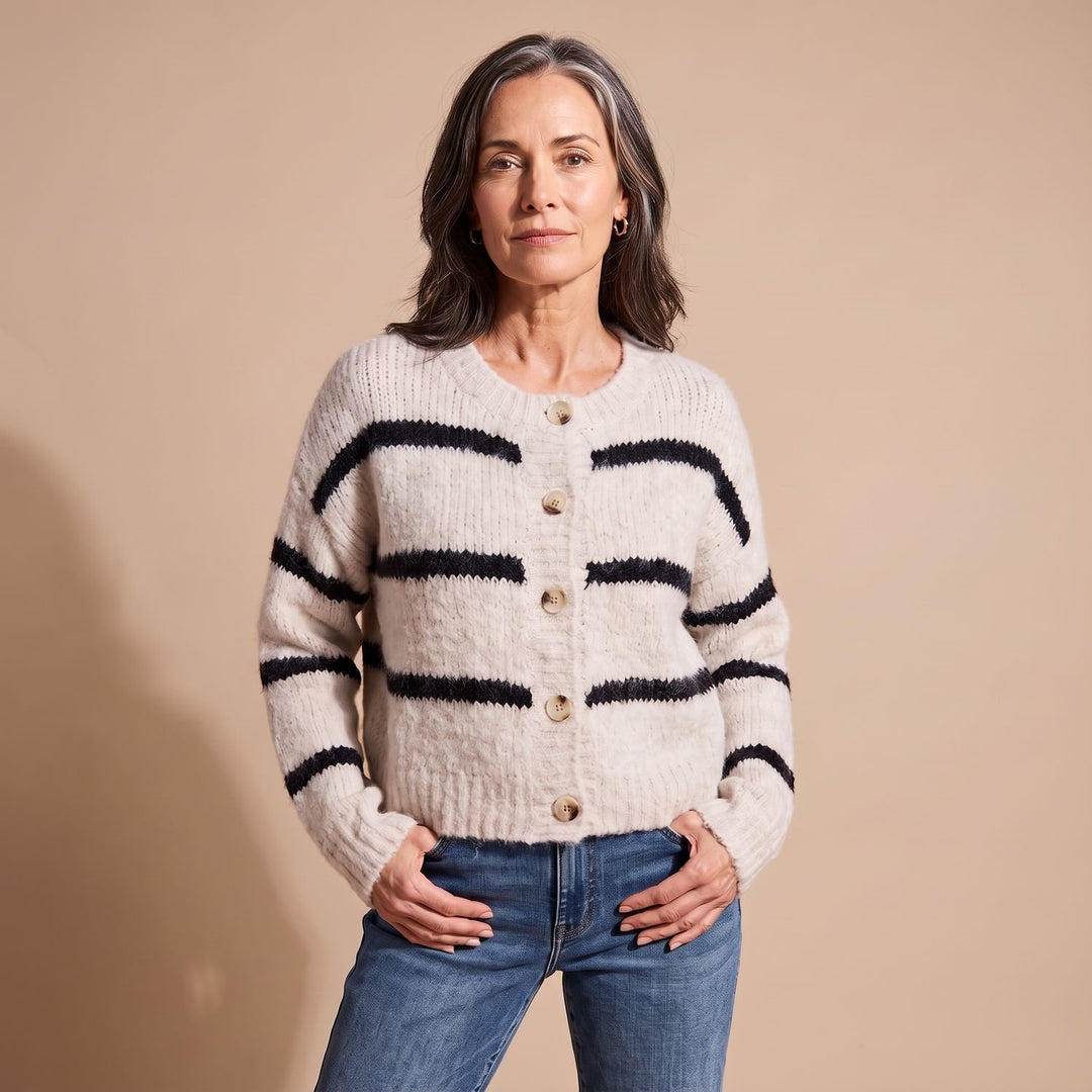 Dames Gebreid Vest Gestreept Relaxed-Fit Knoopsluiting