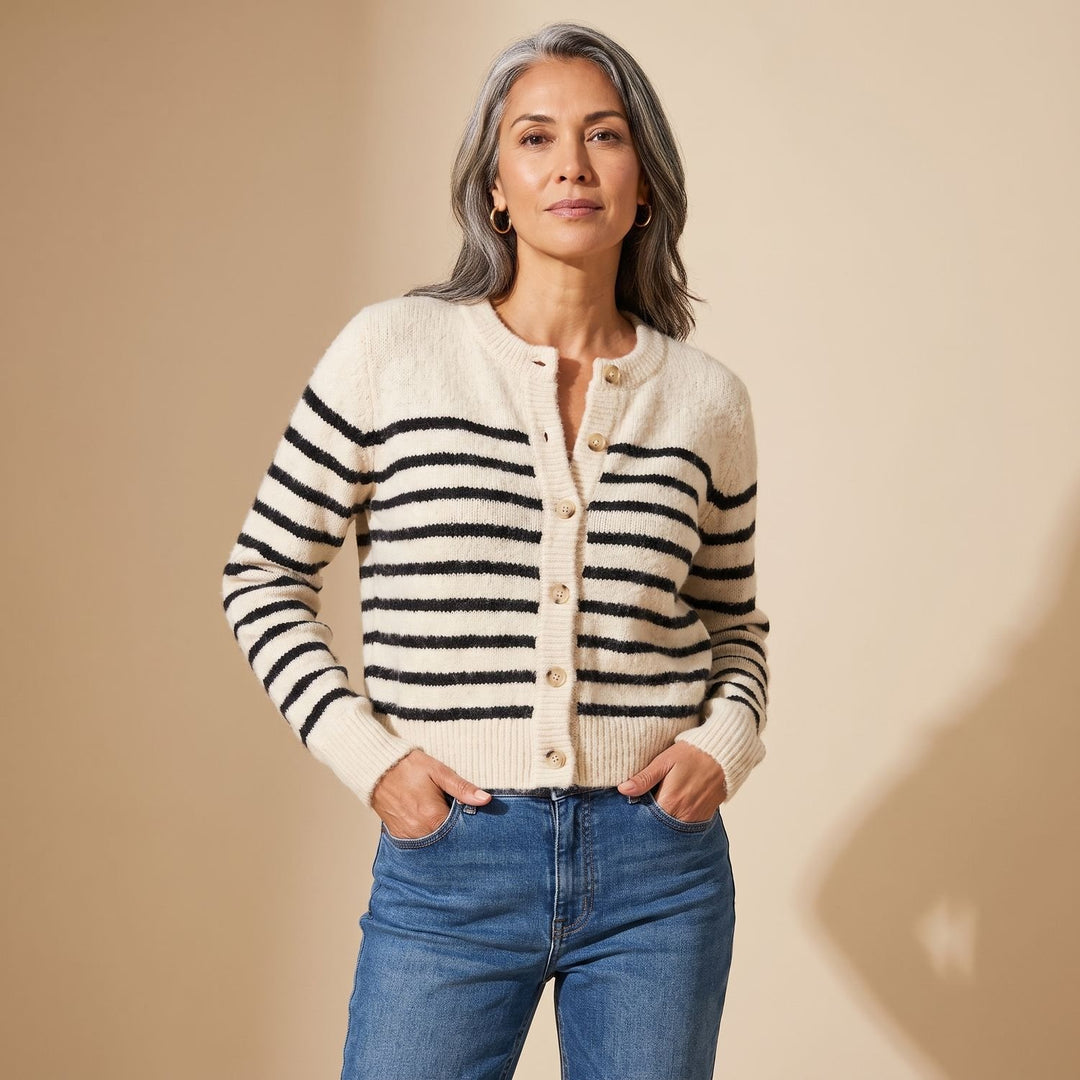 Dames Gebreid Vest Gestreept Relaxed-Fit Knoopsluiting