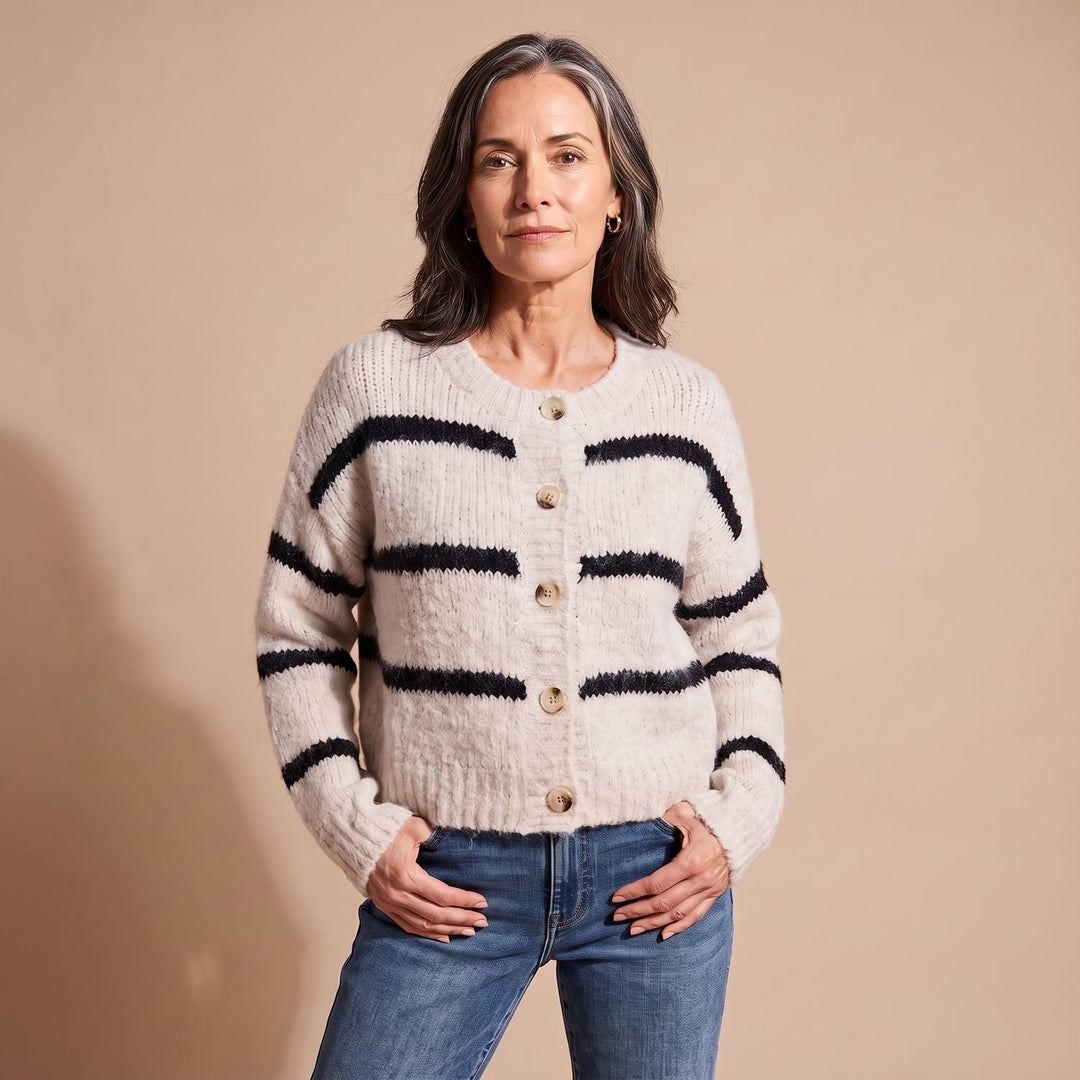 Dames Gebreid Vest Gestreept Relaxed-Fit Knoopsluiting