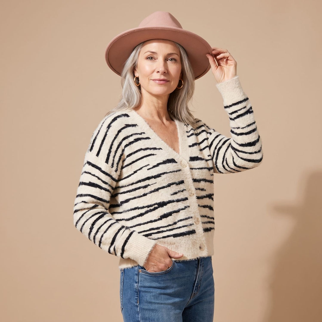 Dames Gebreid Vest Gestreept Relaxed-Fit Knoopsluiting
