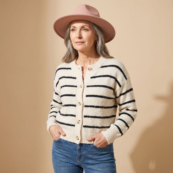 Dames Gebreid Vest Gestreept Relaxed-Fit Knoopsluiting