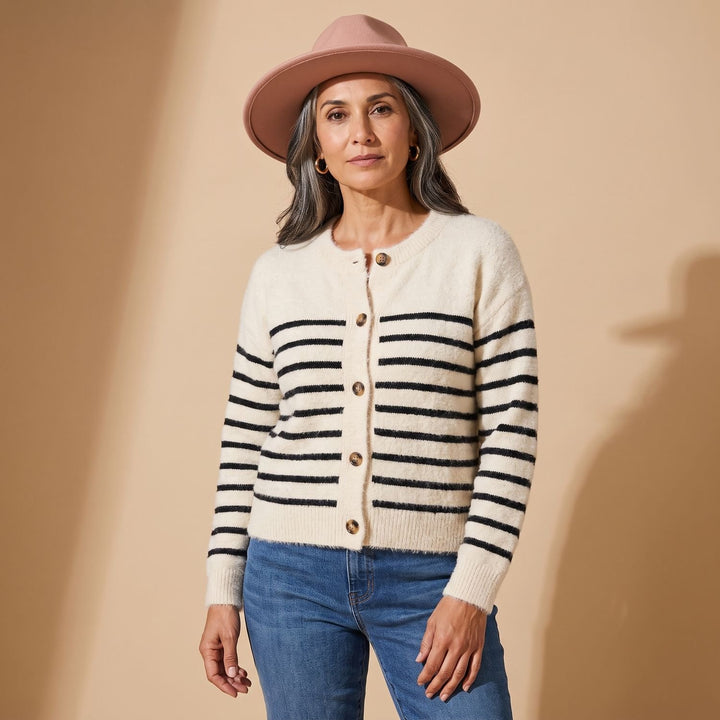 Dames Gebreid Vest Gestreept Relaxed-Fit Knoopsluiting