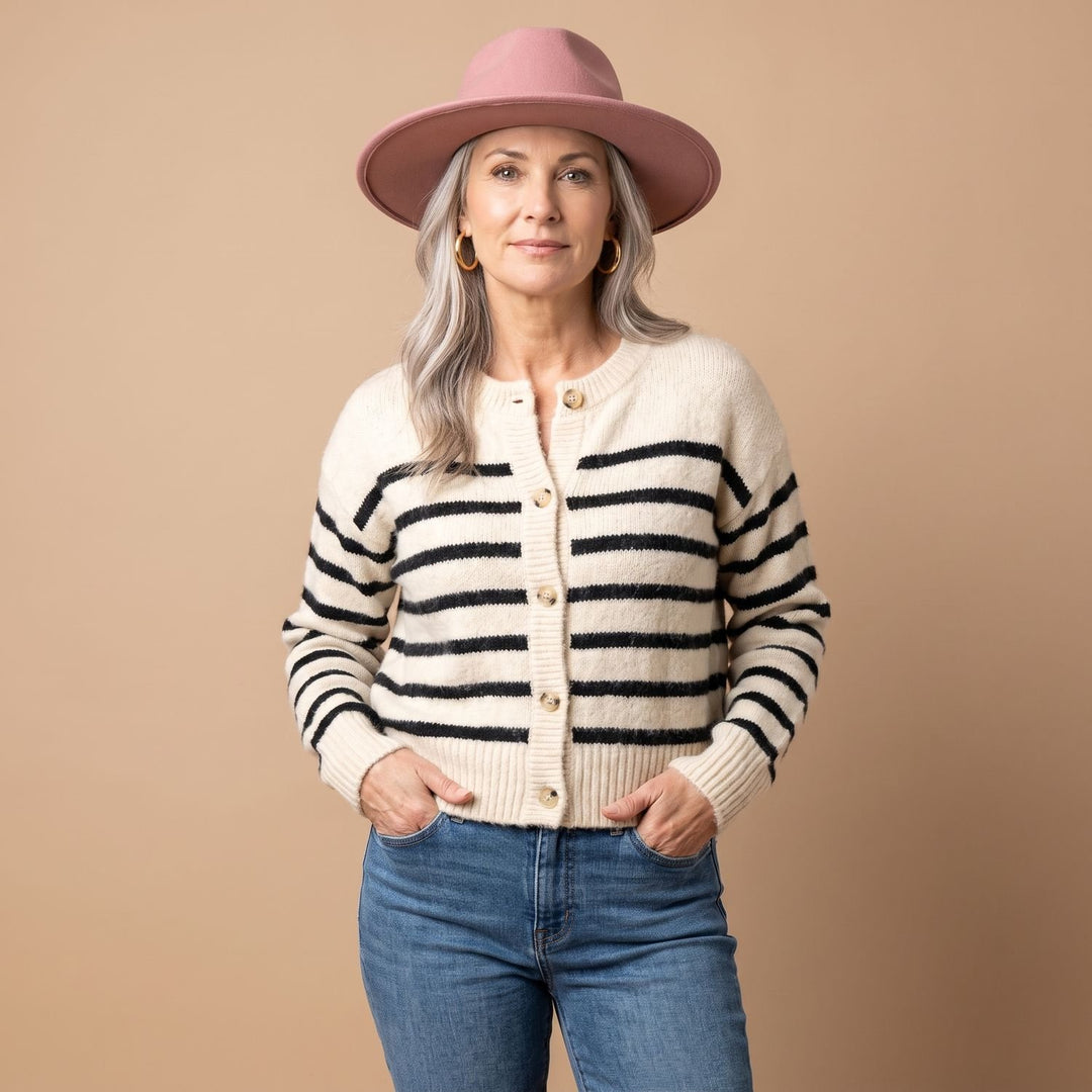 Dames Gebreid Vest Gestreept Relaxed-Fit Knoopsluiting