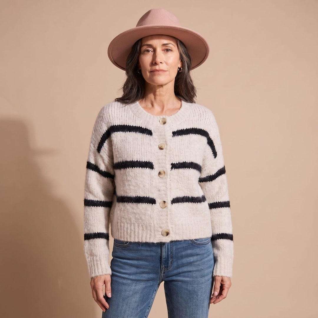 Dames Gebreid Vest Gestreept Relaxed-Fit Knoopsluiting