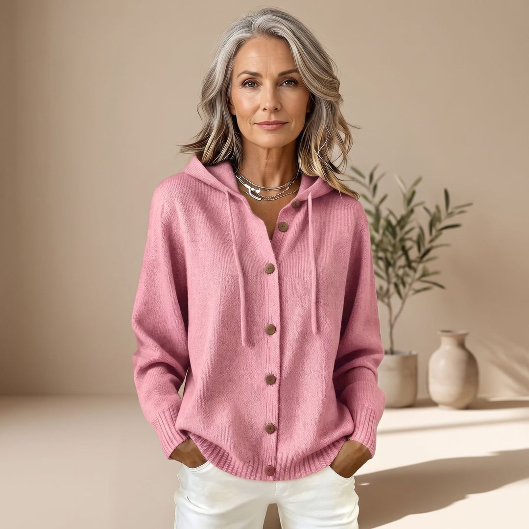 Dames Gebreid Vest met Capuchon Knoopsluiting Relaxed Fit - Roze