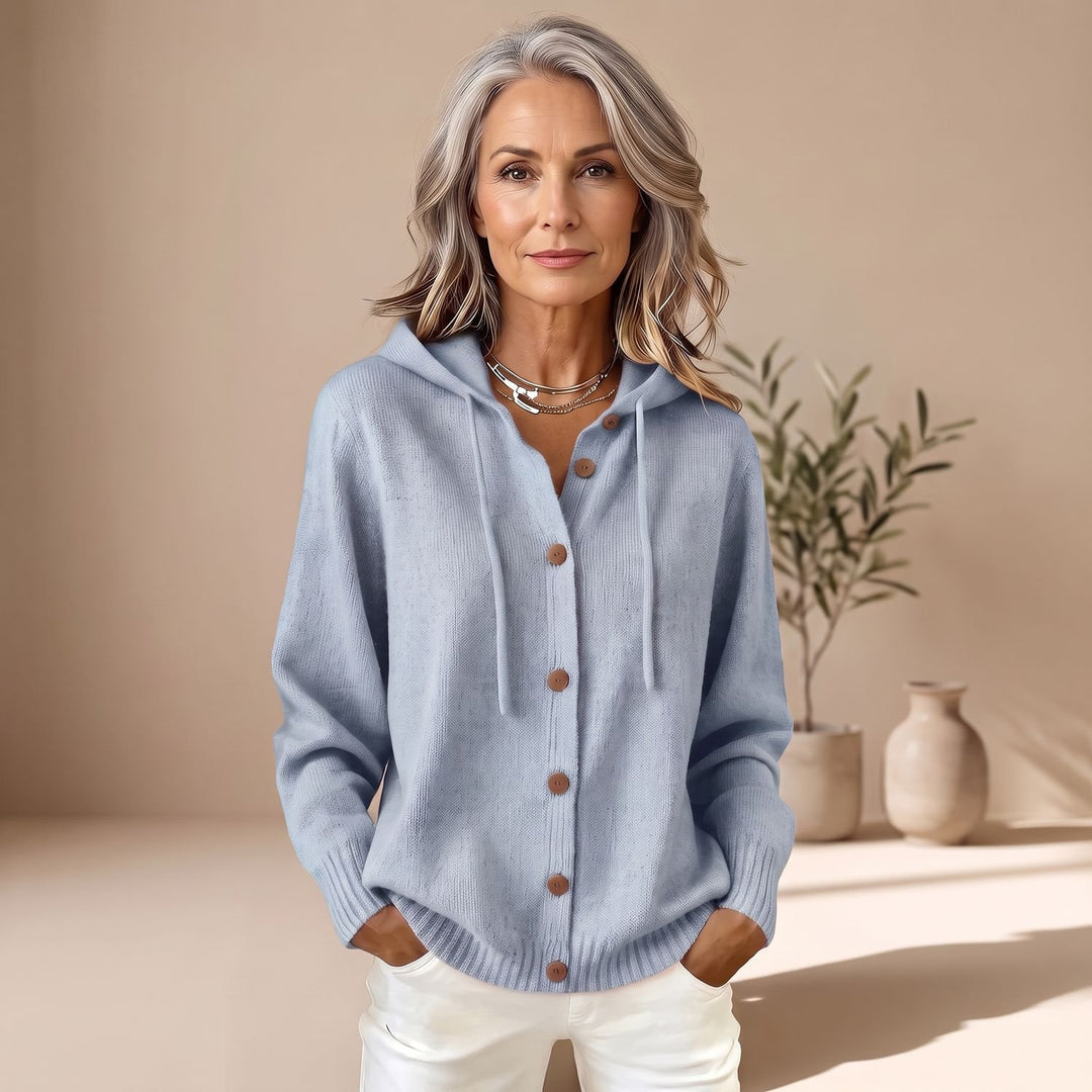 Dames Gebreid Vest met Capuchon Knoopsluiting Relaxed Fit - Lichtblauw