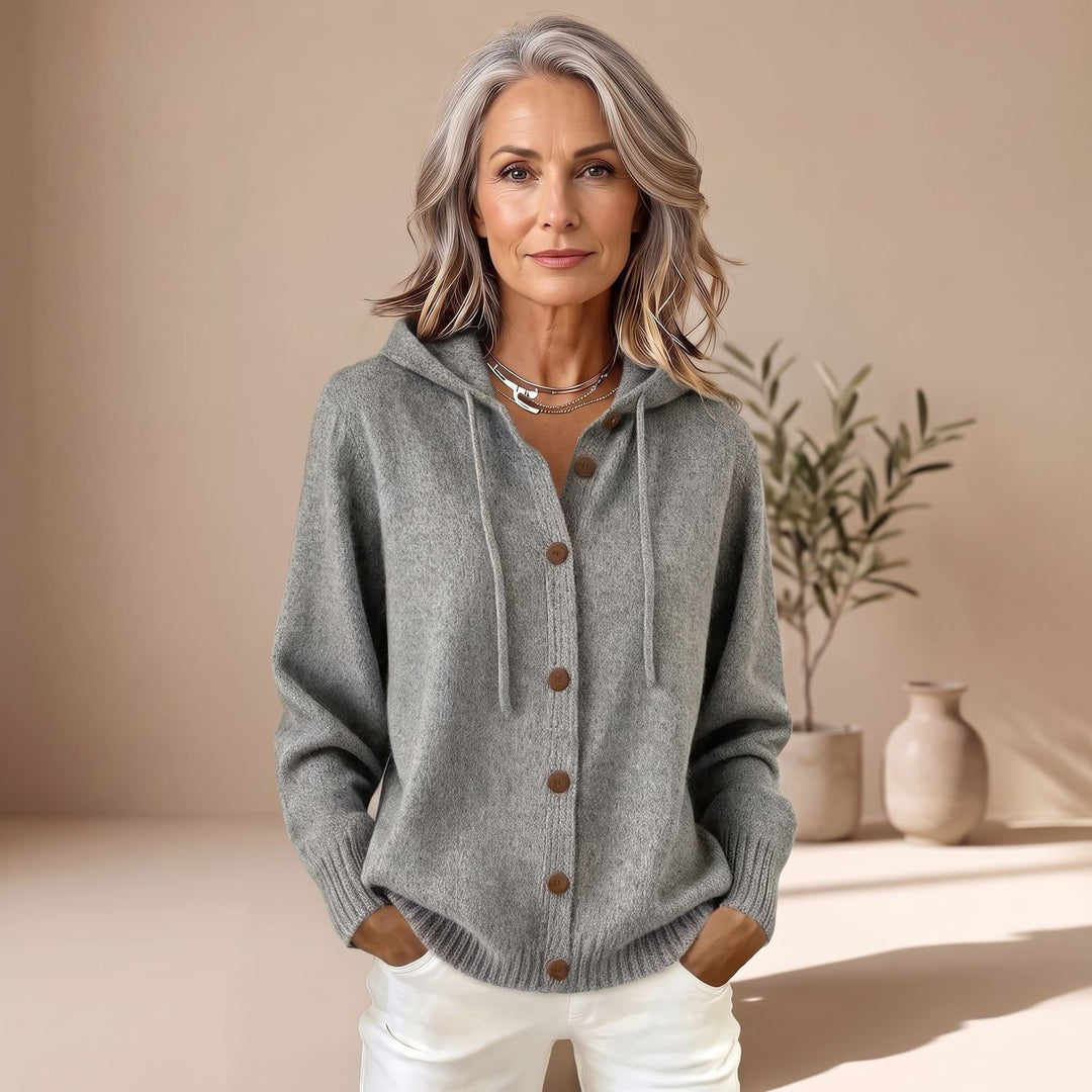 Dames Gebreid Vest met Capuchon Knoopsluiting Relaxed Fit - Grijs