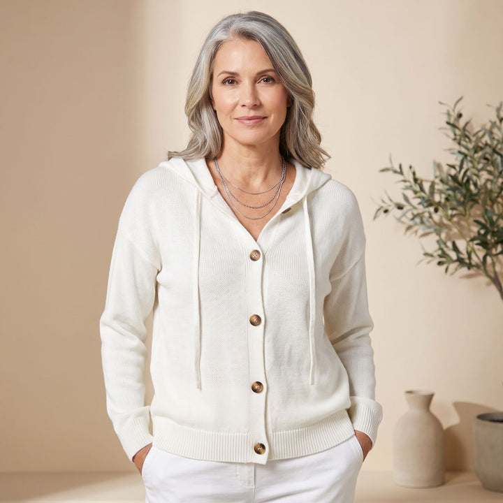 Dames Gebreid Vest met Capuchon Knoopsluiting Relaxed Fit - Crème