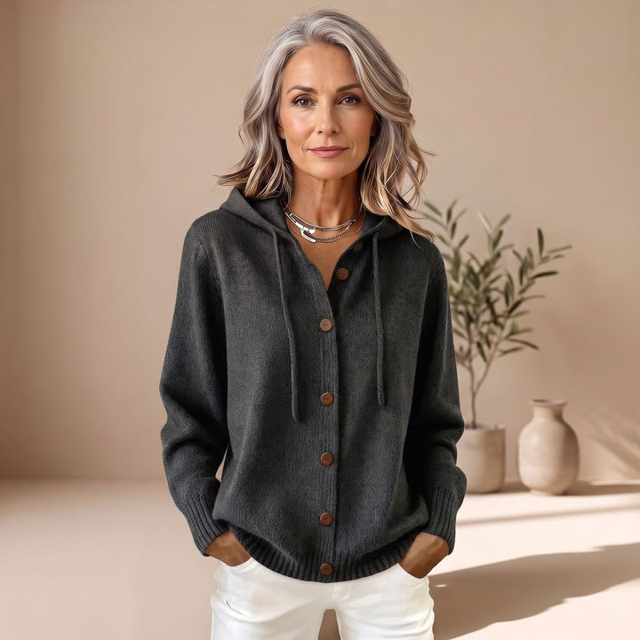 Dames Gebreid Vest met Capuchon Knoopsluiting Relaxed Fit - Zwart