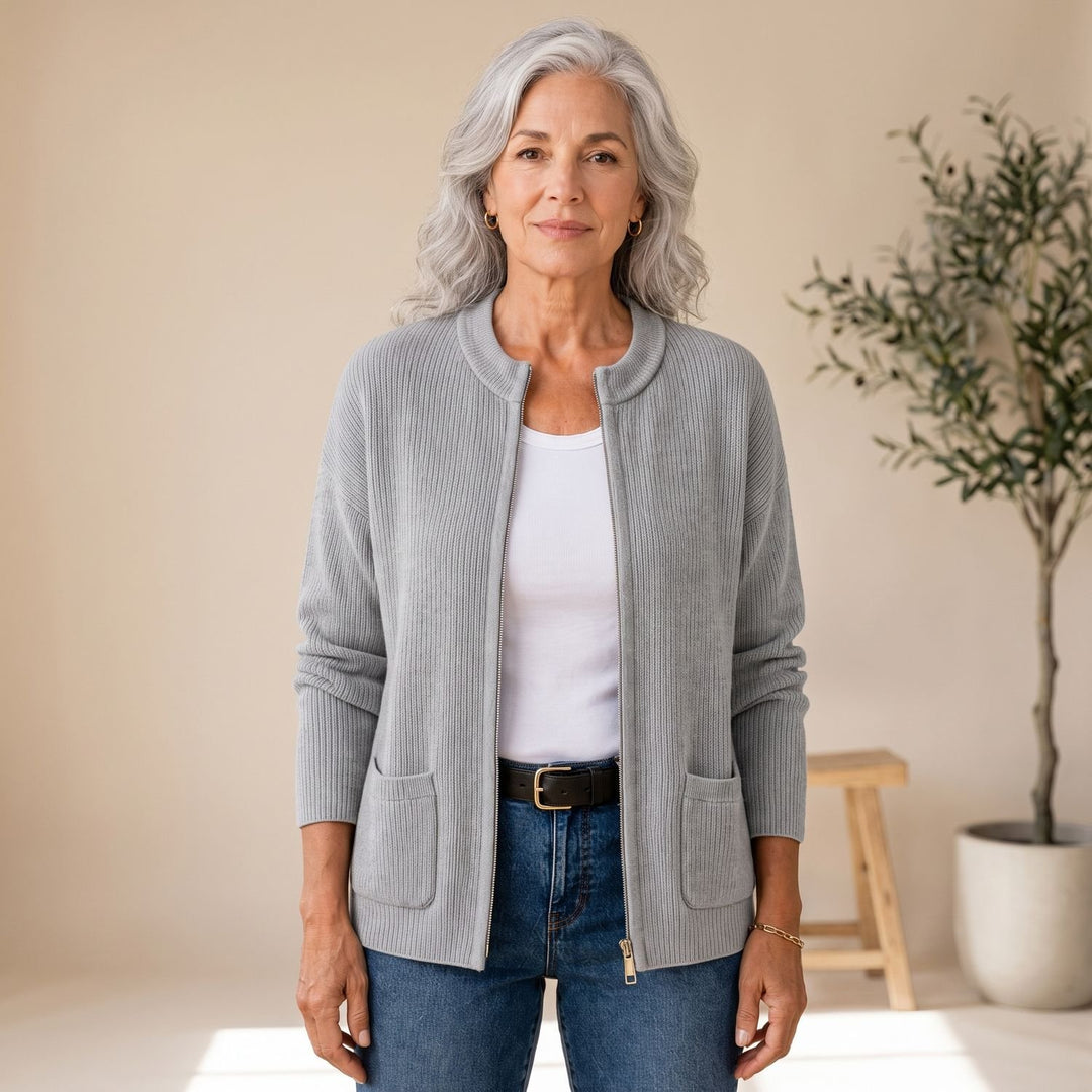 Dames Gebreid Vest met Rits Lange Mouwen en Zakken - Grijs