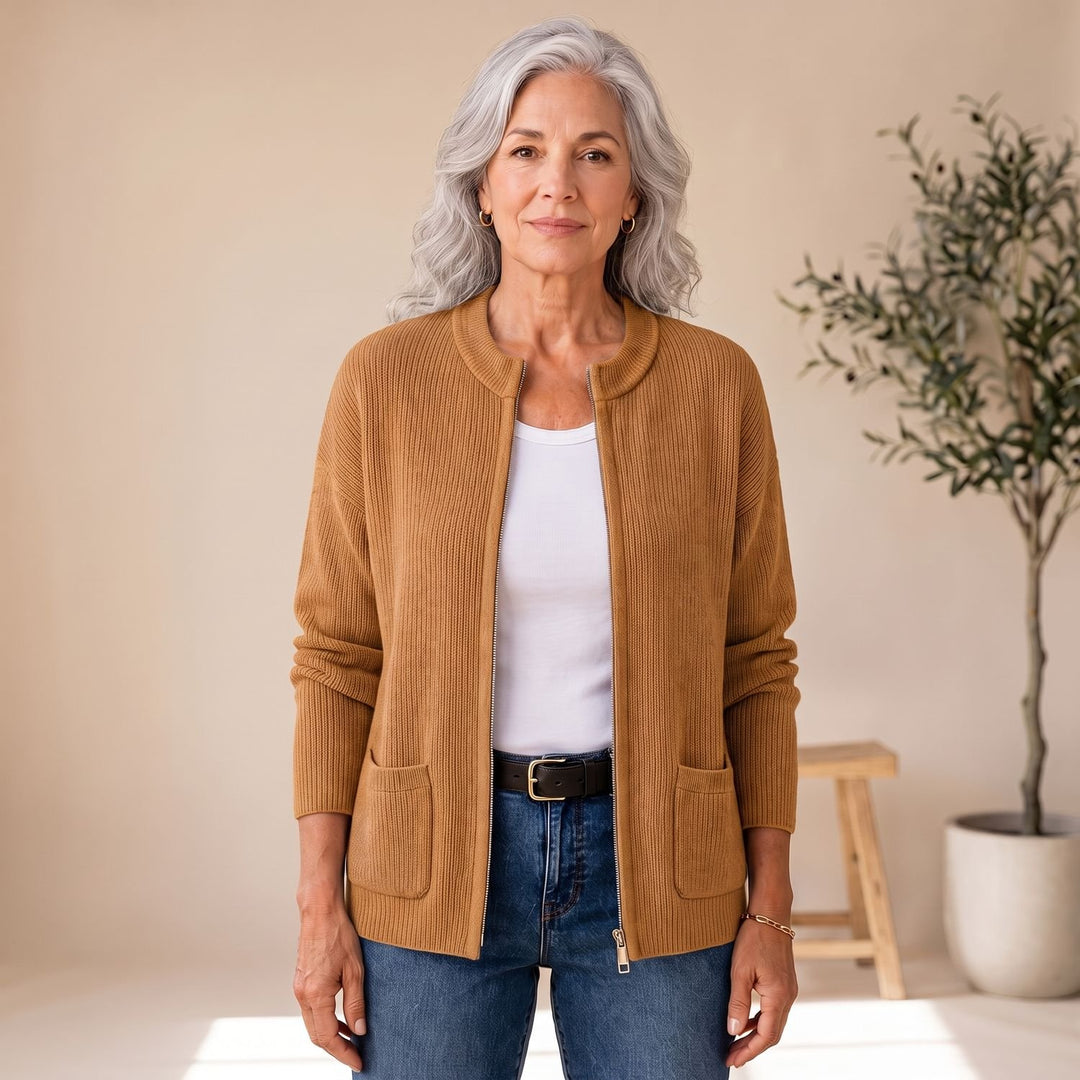 Dames Gebreid Vest met Rits Lange Mouwen en Zakken - Bruin