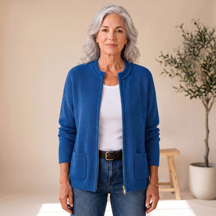 Dames Gebreid Vest met Rits Lange Mouwen en Zakken - Blauw