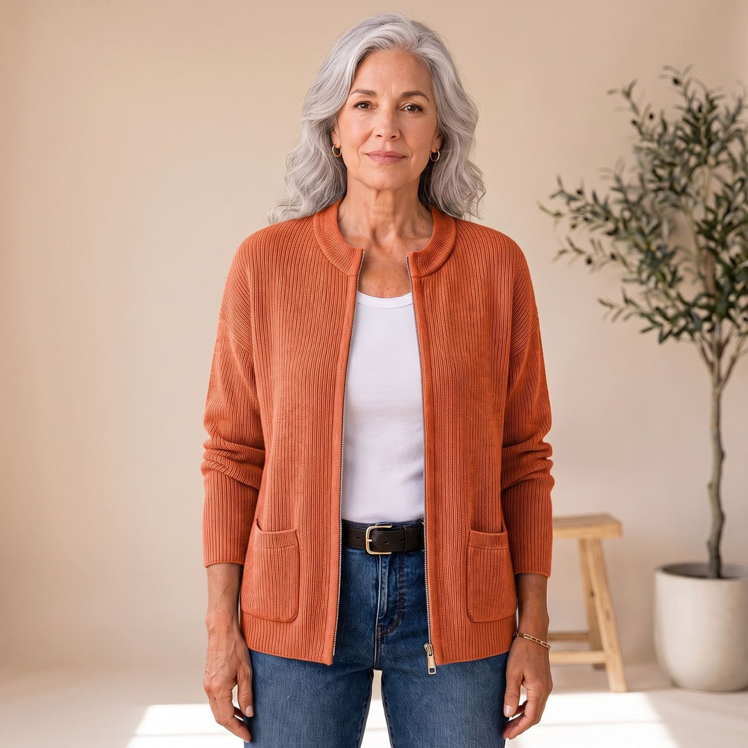 Dames Gebreid Vest met Rits Lange Mouwen en Zakken - Oranje