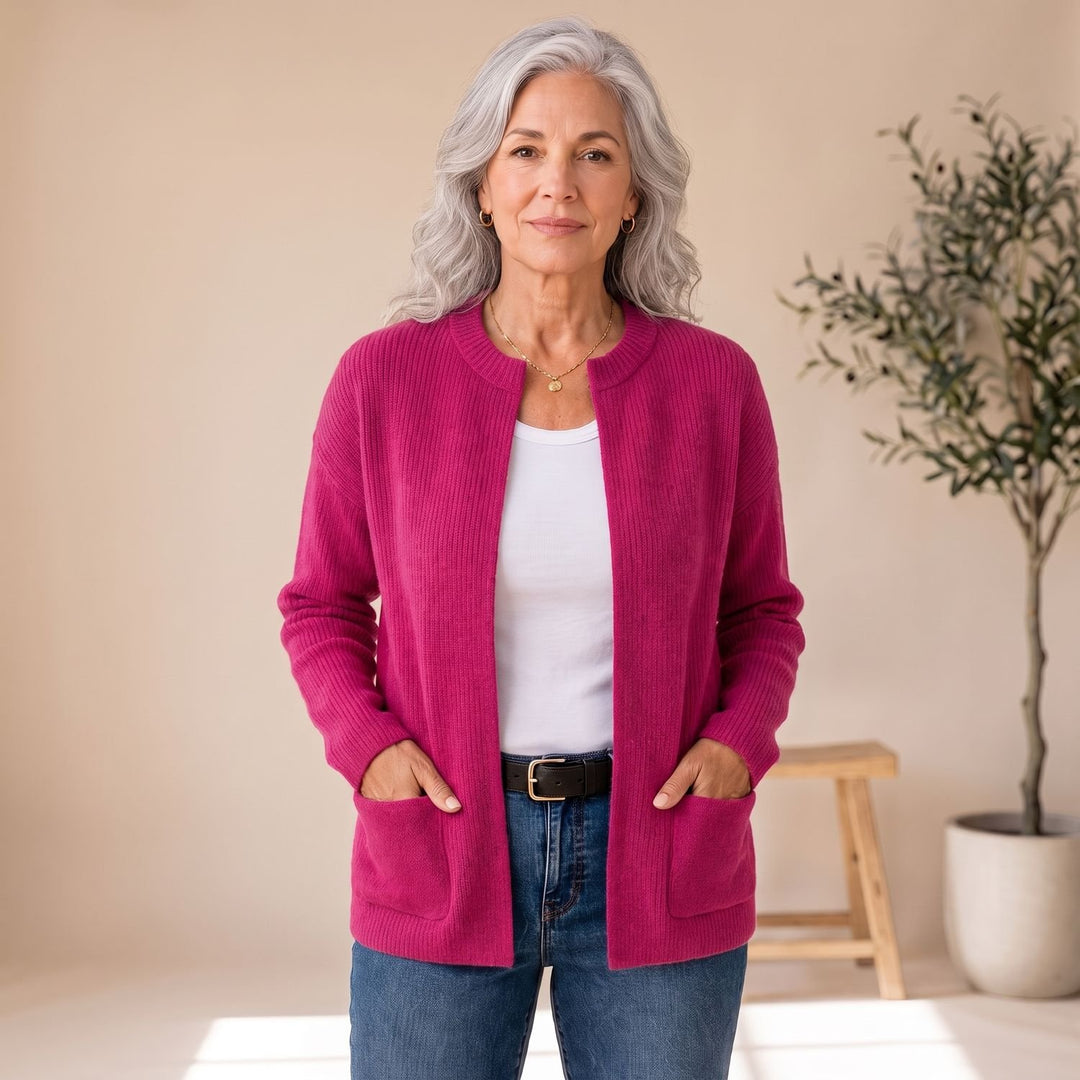 Dames Gebreid Vest met Rits Lange Mouwen en Zakken - Roze