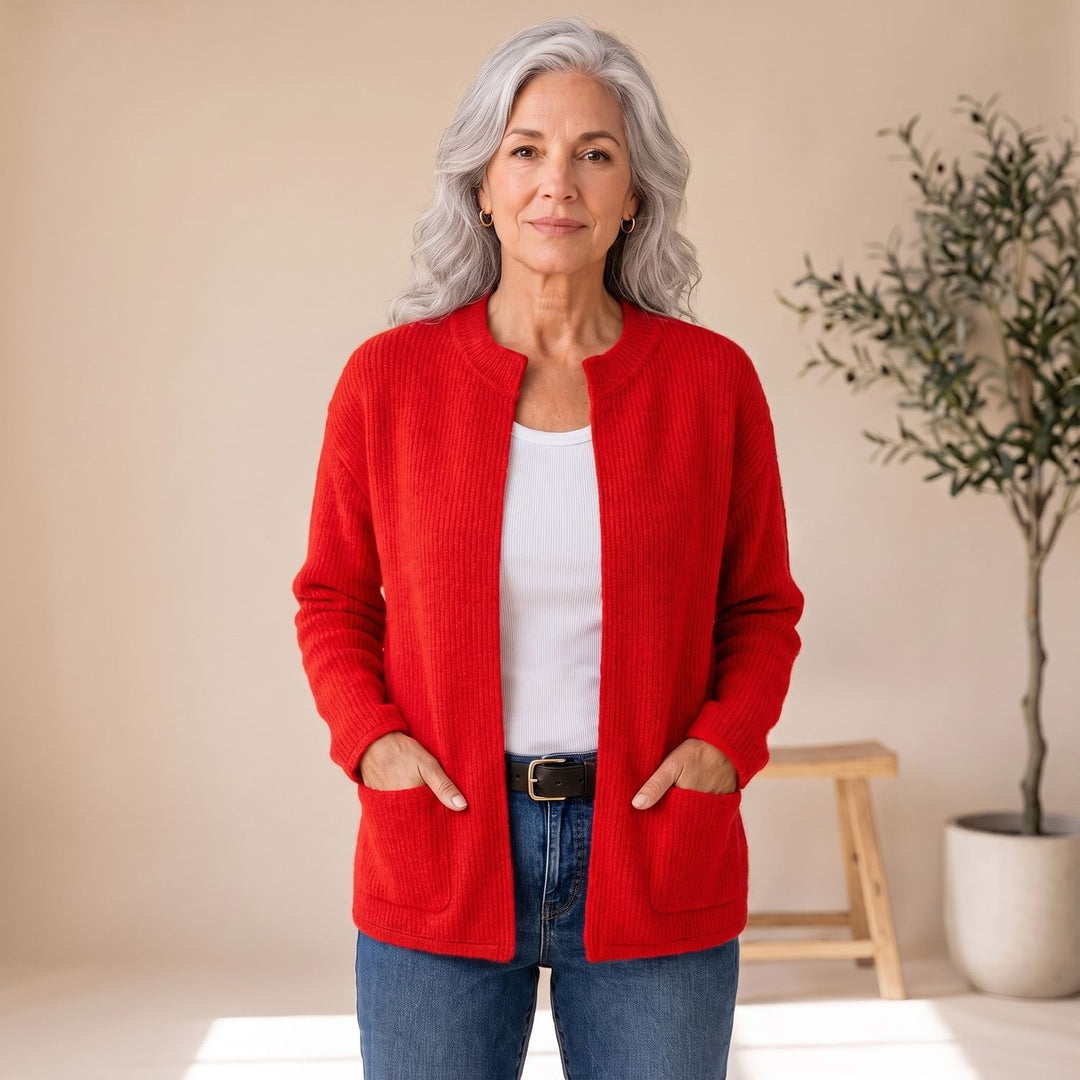 Dames Gebreid Vest met Rits Lange Mouwen en Zakken - Rood