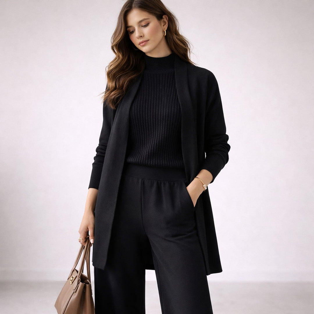 Dames Gebreide Avondgown Driedelige Lounge Set Cardigan - Black