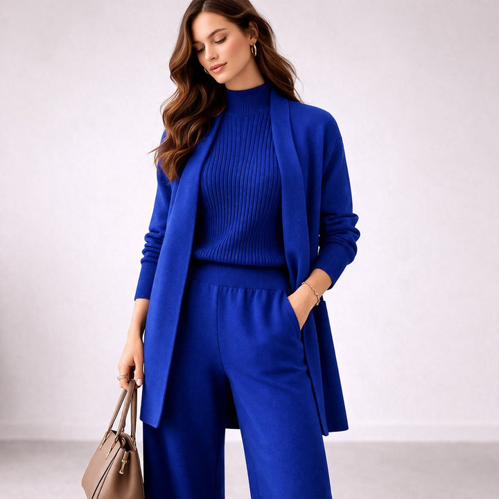 Dames Gebreide Avondgown Driedelige Lounge Set Cardigan - Blue