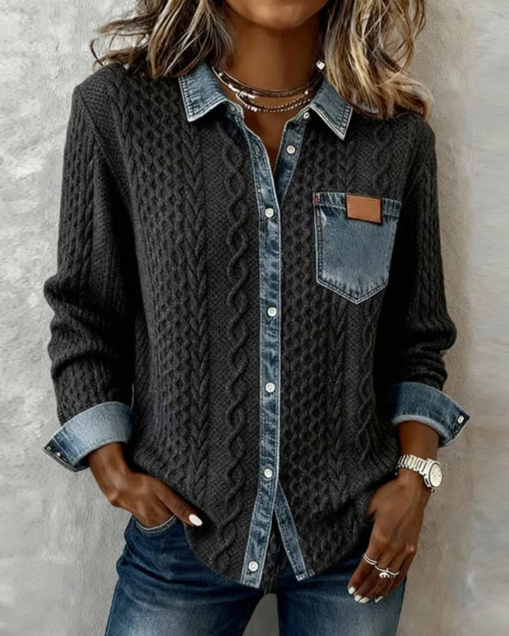 Dames Gebreide Blouse Denim Patchwork Lange Mouwen Regular Fit - Dark Gray