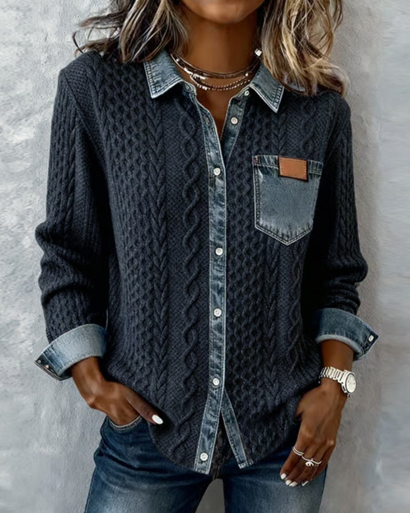 Dames Gebreide Blouse Denim Patchwork Lange Mouwen Regular Fit - Dark Blue