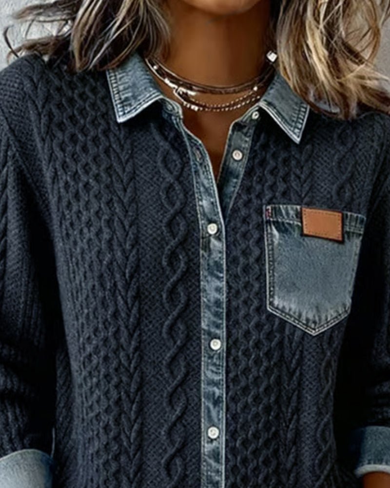 Dames Gebreide Blouse Denim Patchwork Lange Mouwen Regular Fit