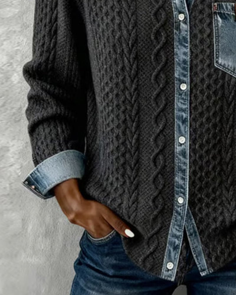 Dames Gebreide Blouse Denim Patchwork Lange Mouwen Regular Fit