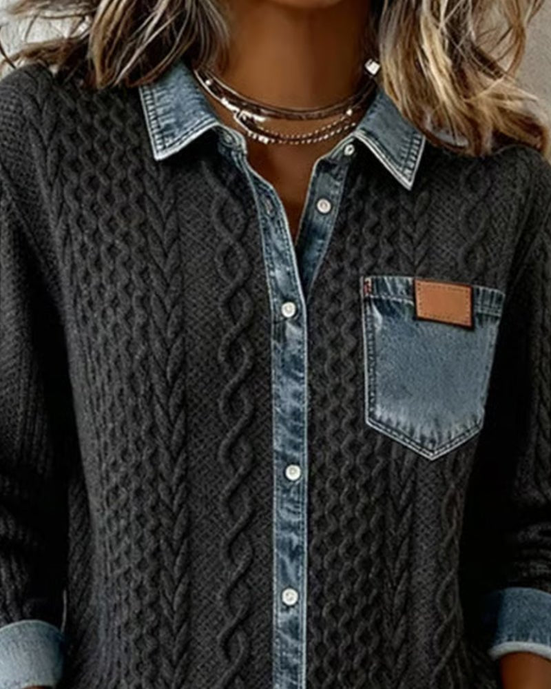 Dames Gebreide Blouse Denim Patchwork Lange Mouwen Regular Fit