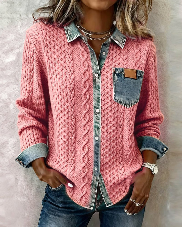 Dames Gebreide Blouse Denim Patchwork Lange Mouwen Regular Fit - Pink