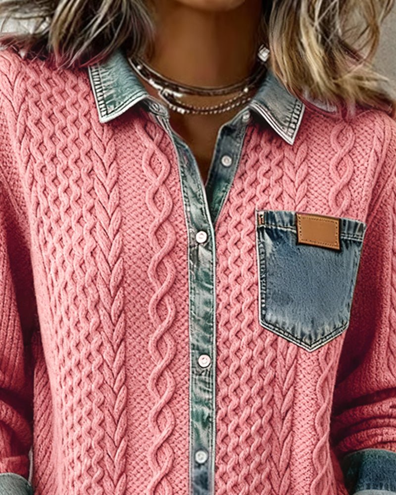 Dames Gebreide Blouse Denim Patchwork Lange Mouwen Regular Fit