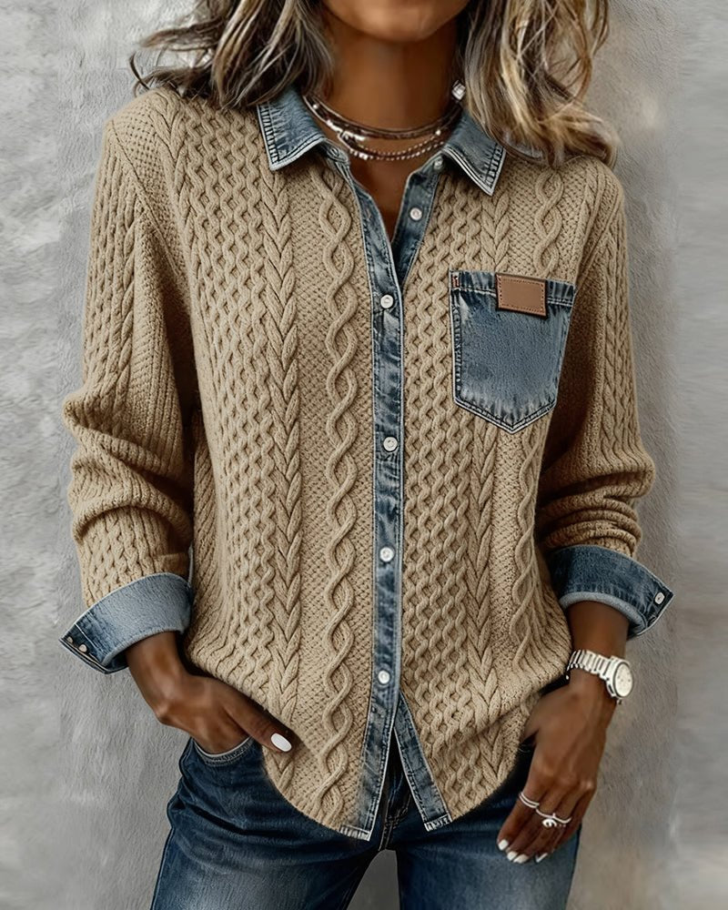 Dames Gebreide Blouse Denim Patchwork Lange Mouwen Regular Fit - Khaki