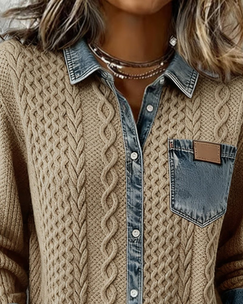 Dames Gebreide Blouse Denim Patchwork Lange Mouwen Regular Fit