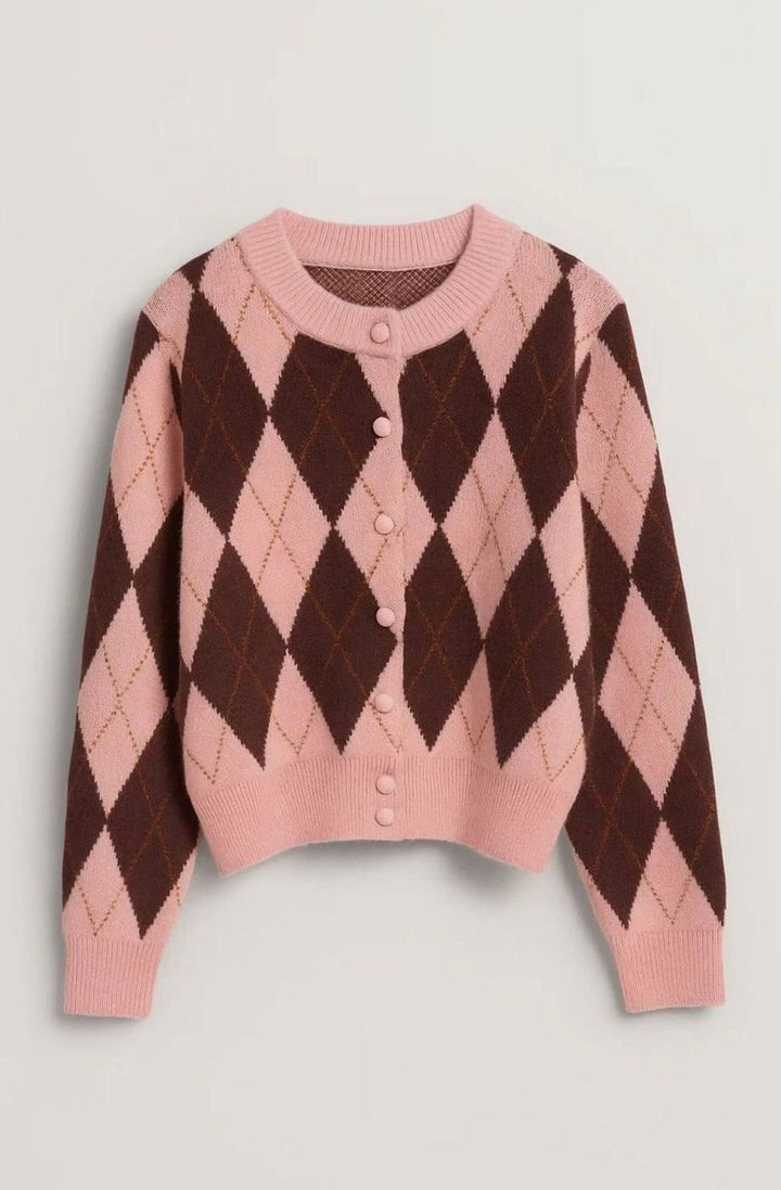 Dames Gebreide Cardigan Trui met Klassiek Argyle Ruitmotief - Roze