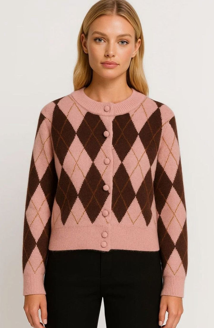 Dames Gebreide Cardigan Trui met Klassiek Argyle Ruitmotief