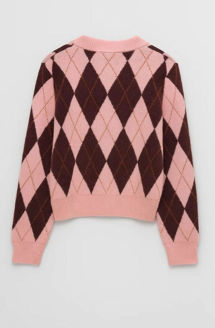 Dames Gebreide Cardigan Trui met Klassiek Argyle Ruitmotief