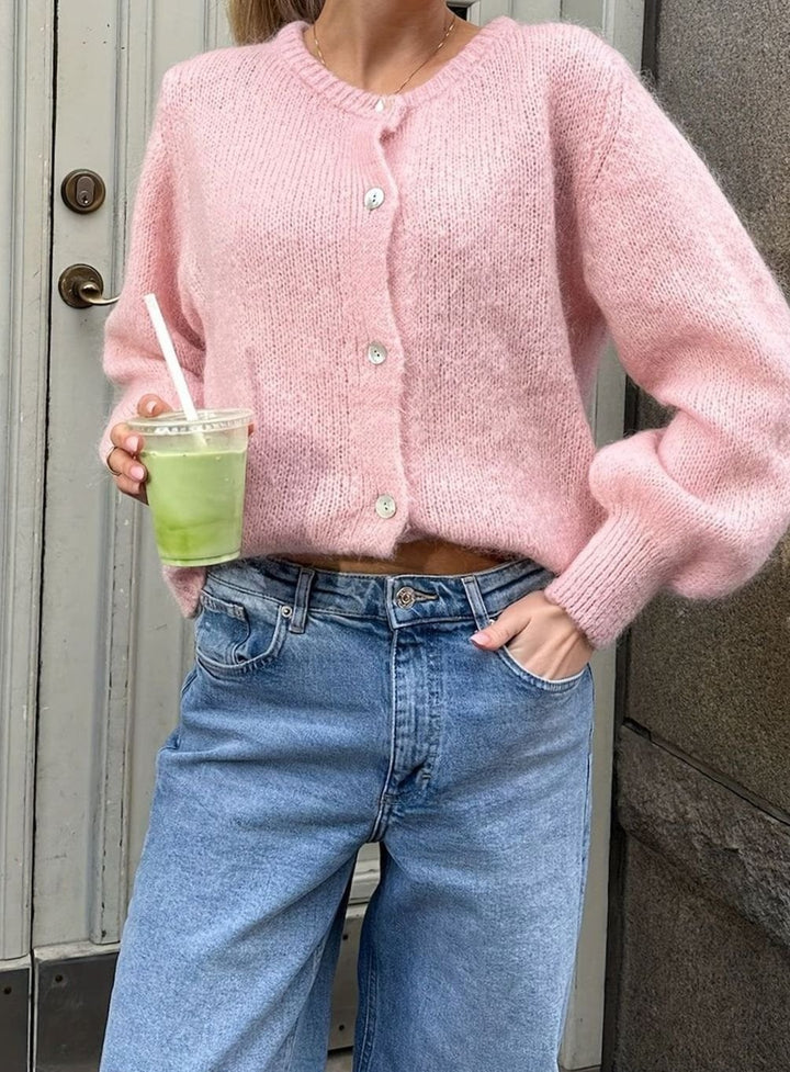 Dames Gebreide Cardigan Trui met Knoopsluiting Ronde Hals - Roze