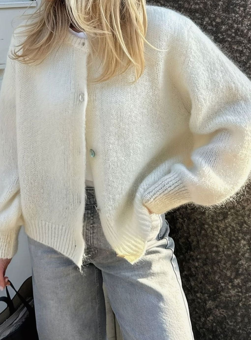 Dames Gebreide Cardigan Trui met Knoopsluiting Ronde Hals - Wit