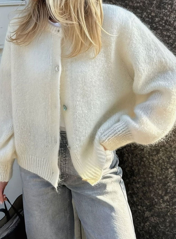 Dames Gebreide Cardigan Trui met Knoopsluiting Ronde Hals - Wit